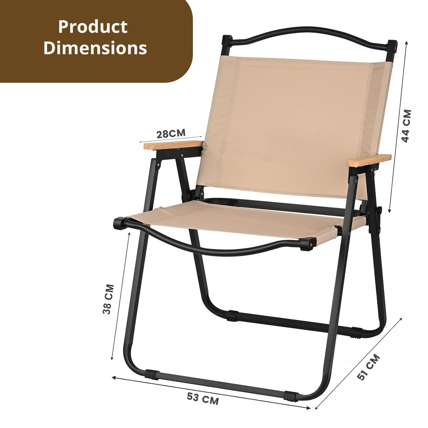 ORILEY Hacer Folding Chair Portable and Lightweight Carbon Steel Collapsible Backrest with Wooden Armrest for Outdoor Picnic Fishing Beach Travelling & Gardening (1 Pc, Beige) - Image 2 thumbnail