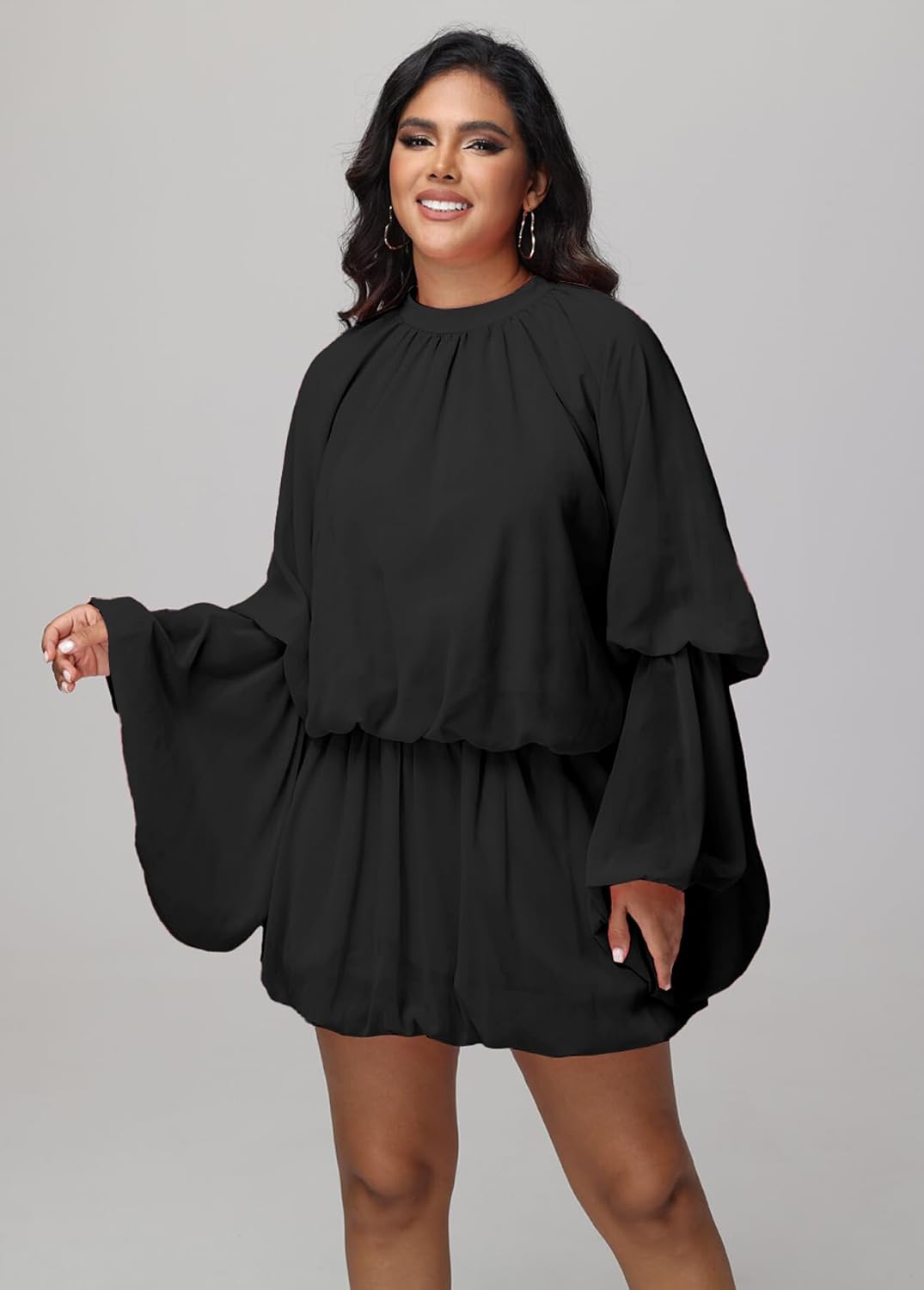 Womens Two Piece Outfits Sexy Going Out Long Flared Sleeve Crop Top Pleated Mini Skort Skirt Sets Chiffon Mini Dress - Image 3