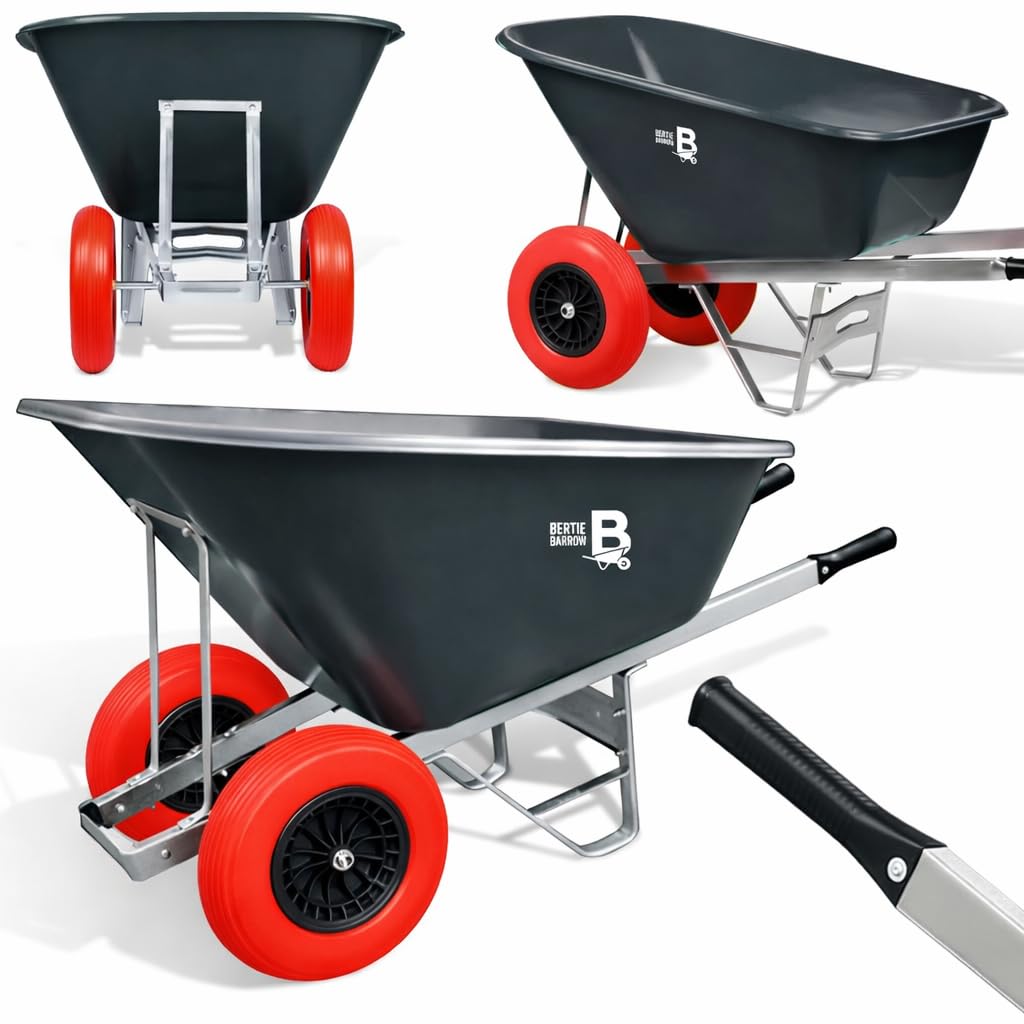 Equimed Garden Wheelbarrow - Extra Large Trolley with 200L Plastic Bucket, Puncture-Proof PU Wheels, Galvanised Frame (Black/Red)
