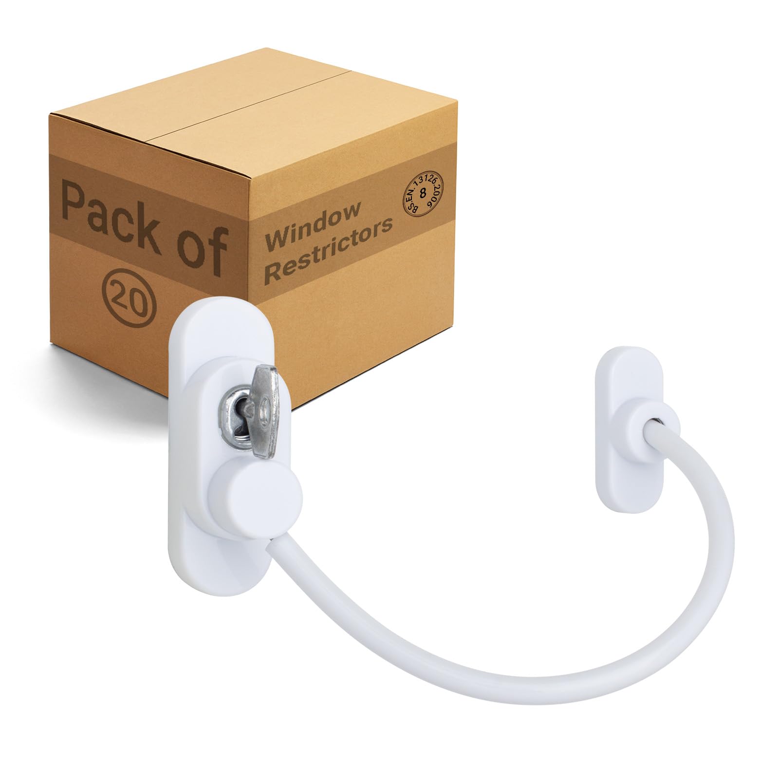 EAI Window Restrictor, Key Locking Cable Restrictor for UPVC/Timber Frames Child Safety/Security 200mm White 20 Pack