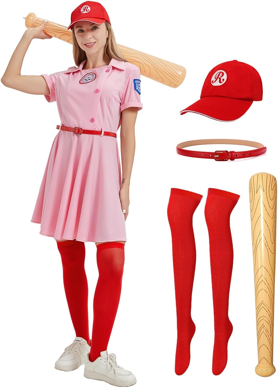 Baseball Costume Women Baseball Dress Uniform With Baseball Cap for Halloween Medium Pink