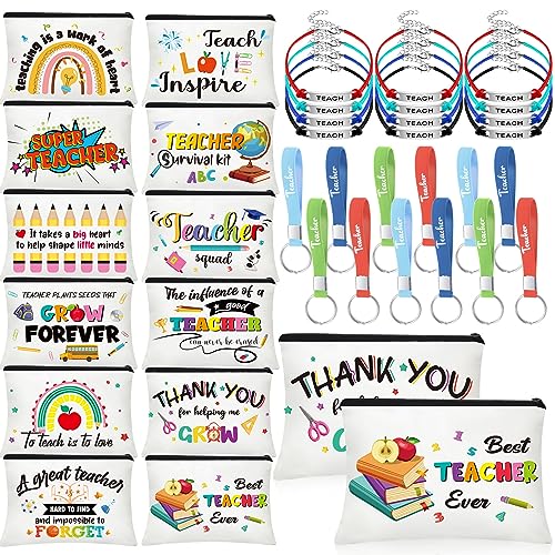 Sadnyy Ensemble de 36 pièces pour enseignant, 12 trousses de maquillage, 12 porte-clés en silicone, 12 cartes de bénédiction, bracelet pour la fête des enseignants, trousse de maquillage, trousse à
