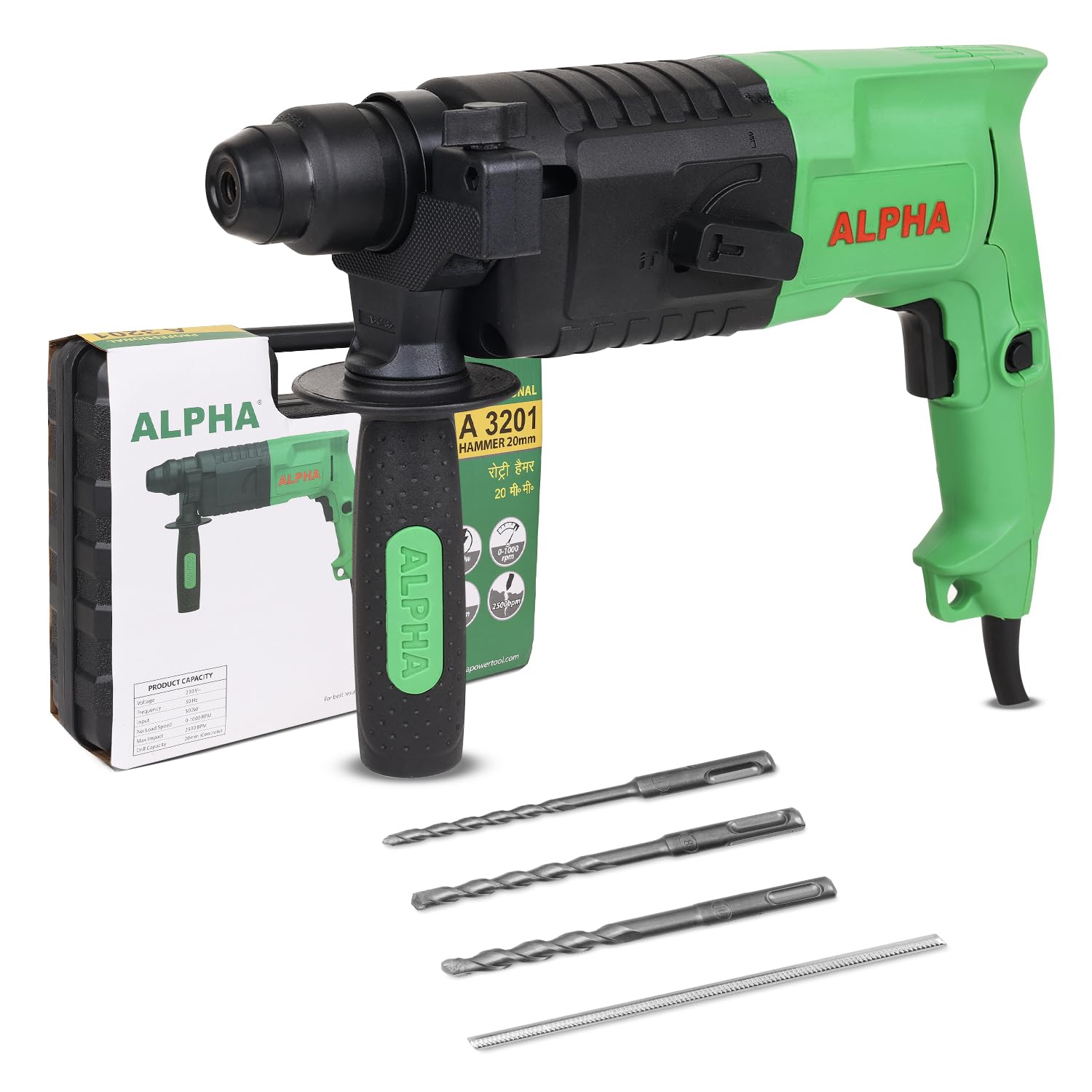 Alpha Corded Electric Rotary Hammer Drill Machine, RH-20mm, SDS Chuck, 500W Heavy Duty, 1000RPM, 3 Drill Bits, 1 Metal Depth Gauge, Variable Speed, With BMC Box | ALPHA-A-3201 | Green & Black (B0D83PYGLM) Amazon Price History, Amazon Price Tracker