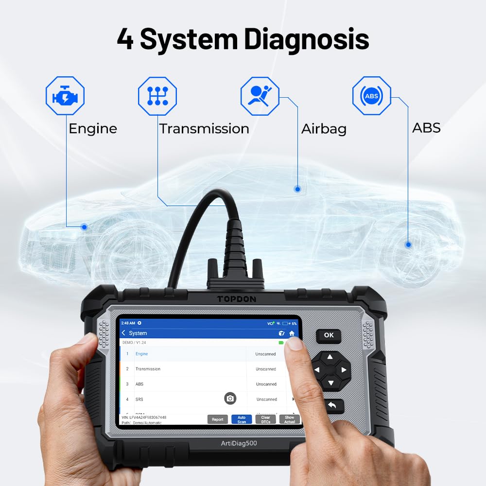 TOPDON ArtiDiag500 OBD2 Diagnosis Scanner para 4 Sistemas Motor Transmisión ABS SRS, 6 Servicios de Aceite/SAS/ETS/TPMS/BMS/Freno Máquina Diagnosis Multimarca, Actualización Gratuita por Wi-Fi