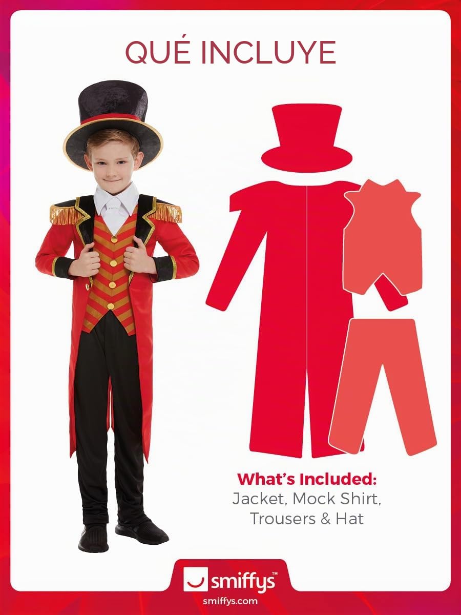 Smiffys Disfraz de maestro de ceremonias de lujo, color rojo con chaqueta, camisa falsa, pantalones y sombrero, disfraz para niños