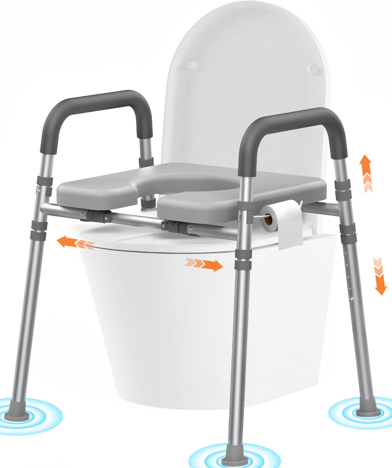 LTR02 Telaio Sicurezza WC con Seduta – fino a 180 kg, Corrimano Regolabili in Altezza e Larghezza, Braccioli Imbottiti, Piedini Antiscivolo, Ausilio Bagno per Anziani e Riabilitazione