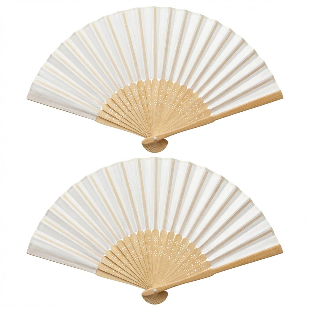 2 Pcs Hand Fan Folding,Black Handheld Folding Fan for Women Men,21cm Vintage Chinese Bamboo and Fabric Fan for Wedding,Dancing Performance,Party,Festival,Cosplay,Church and Home Decoration (White)
