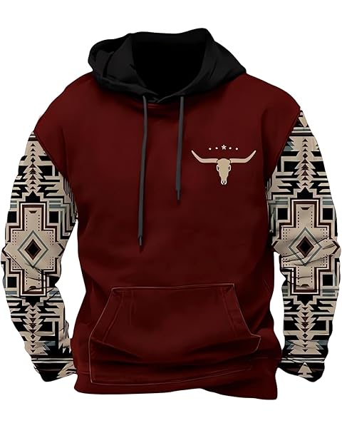Mens Aztec Cowboy Hoodies Western Vintage Print Graphic Hooded Sweatshirt Ethnic Lo...