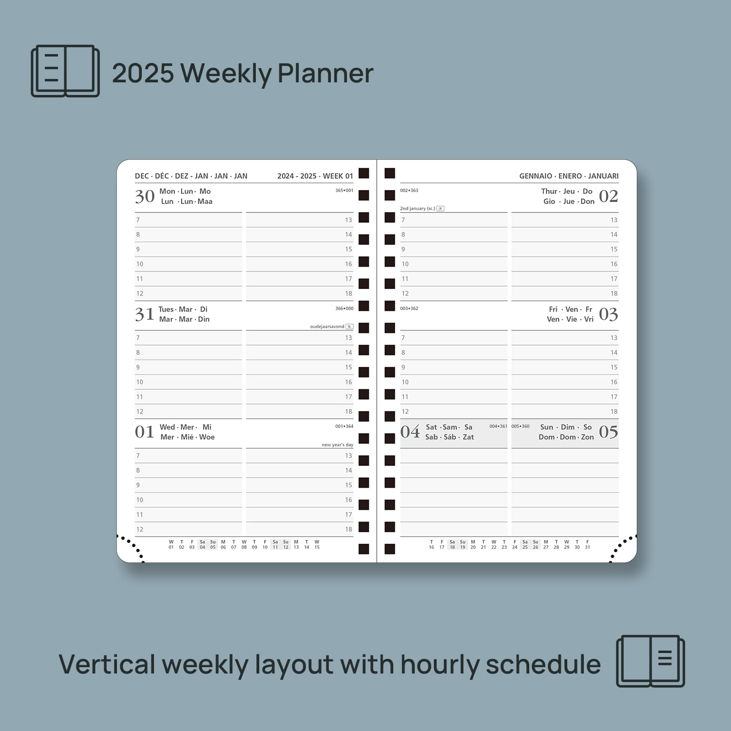 POPRUN Agenda Settimanale 2025 Piccola Spirale 16 x 10,5 cm, Copertina Rigida, Agenda 2025 Tascabile con Angolo di Protezione in Oro, Carta Spessa da 100 GSM, Verde Mezzanotte