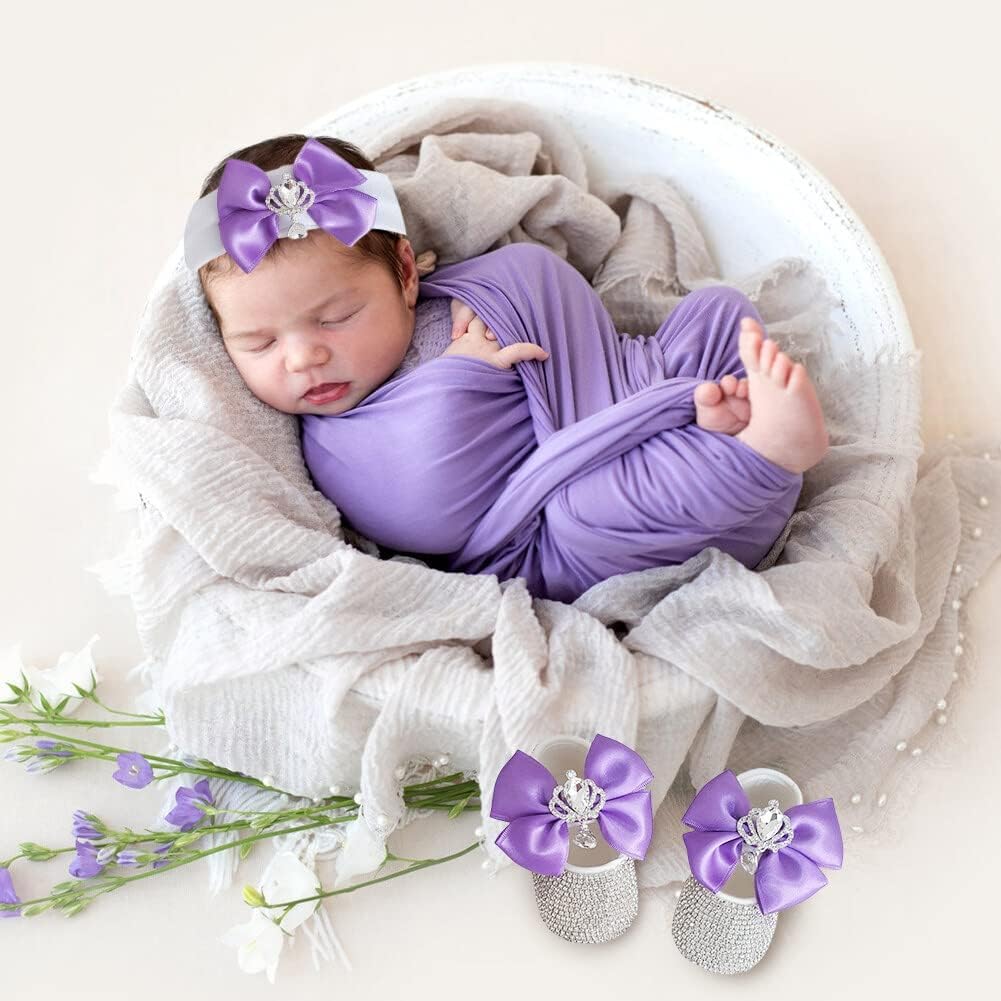 Baby Girls Mary Jane Flats with Bowknot Flowers Headband Crystal Shoes Princess Dress Soft Sole Crib Shoes for Newborns Infants Babies and Toddlers Pink 12cm