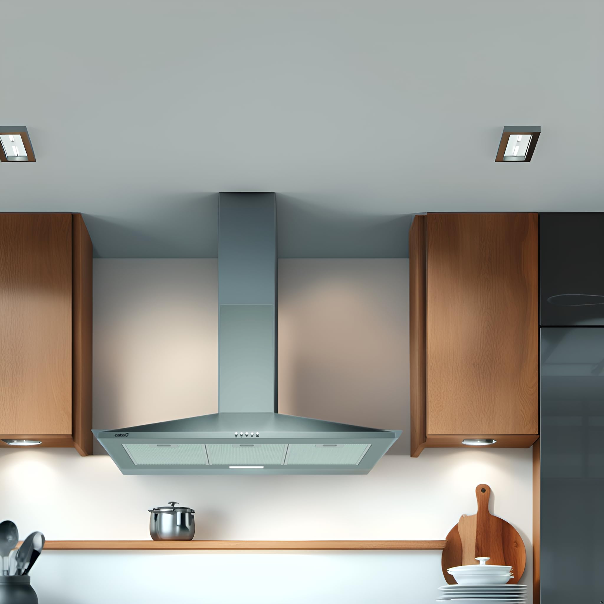 CATA VK 9000 X Campana Extractora Decorativa Trapezoidal de 90 cm, 480 m³/h, 3 Velocidades, Control Mecánico, Motor K10 de 110 W, Tira LED, Clase A, Acero Inoxidable