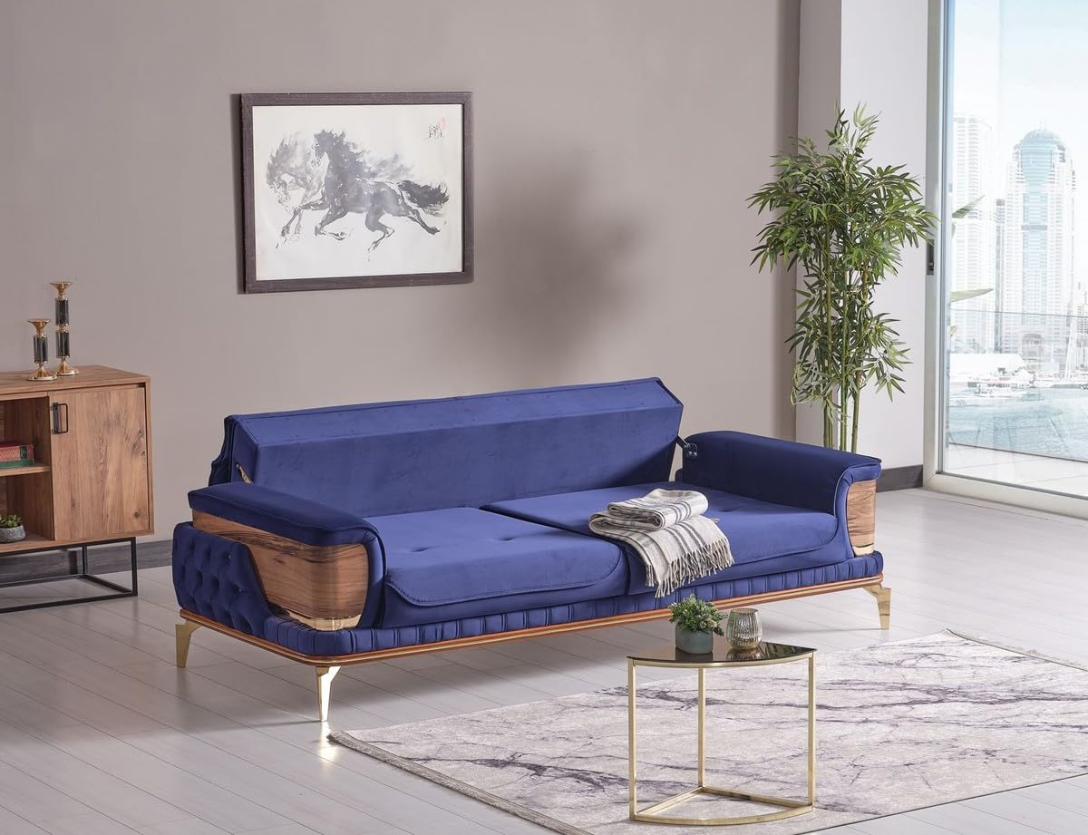 Casa Padrino Luksusowa sofa z łóżkiem, niebieski/brązowy/złoty, 232 x 92 x wys. 85 cm - sofa do salonu z 2 poduszkami - luksusowe meble do salonu
