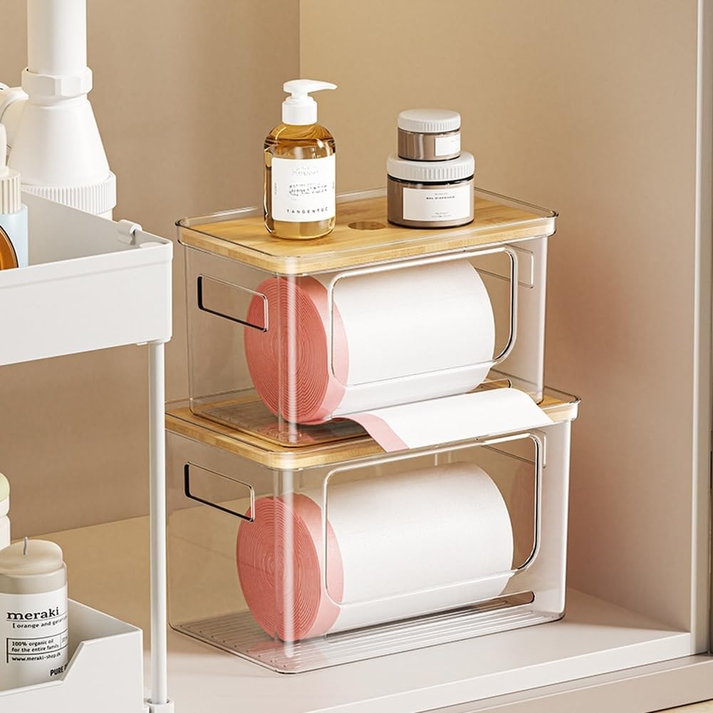 Caja de almacenamiento apilable Tapa de madera PET transparente 29.5cm (G)