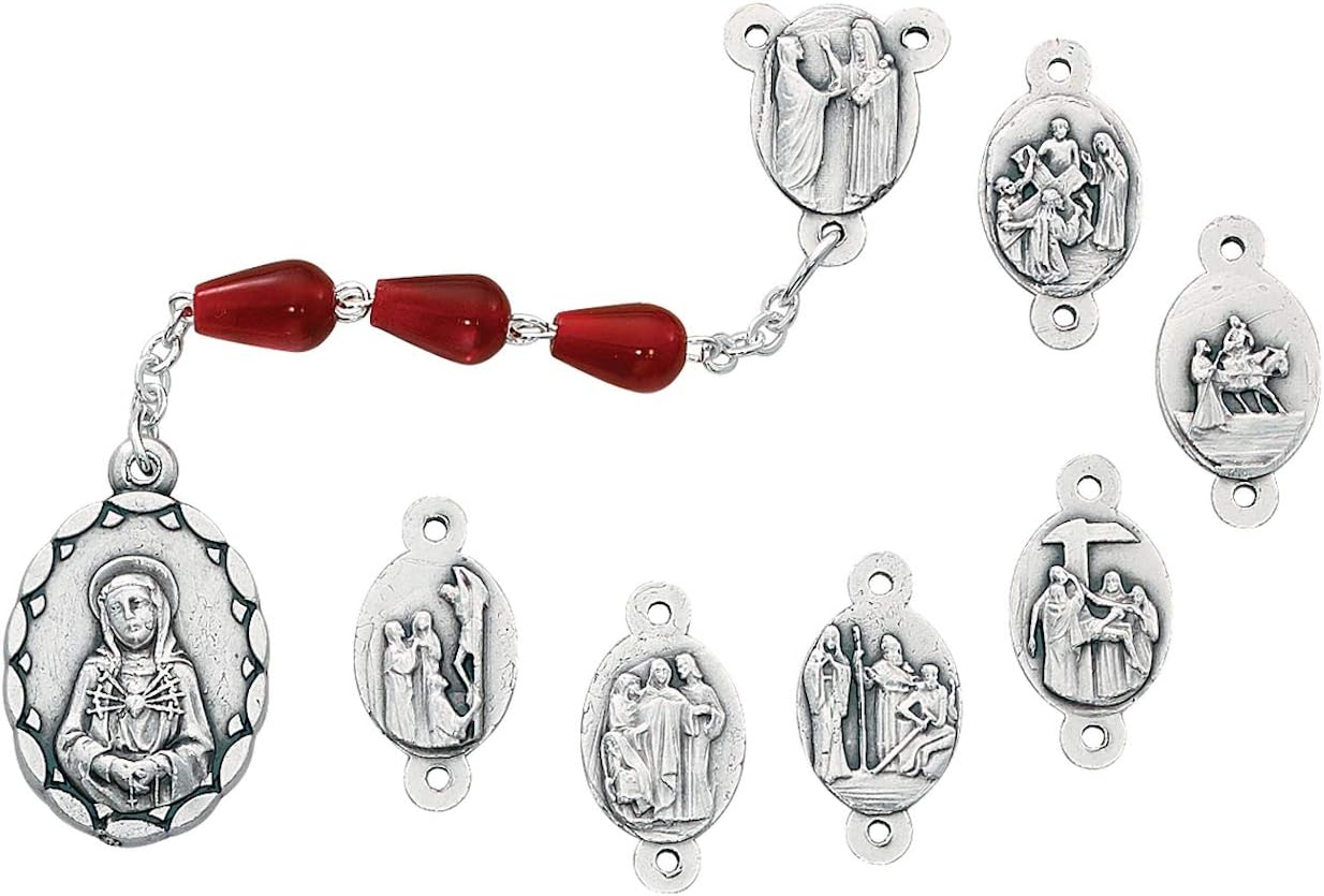 Red Tear Drop Seven Sorrows Rosary (P143R) in Clear Plastic Box