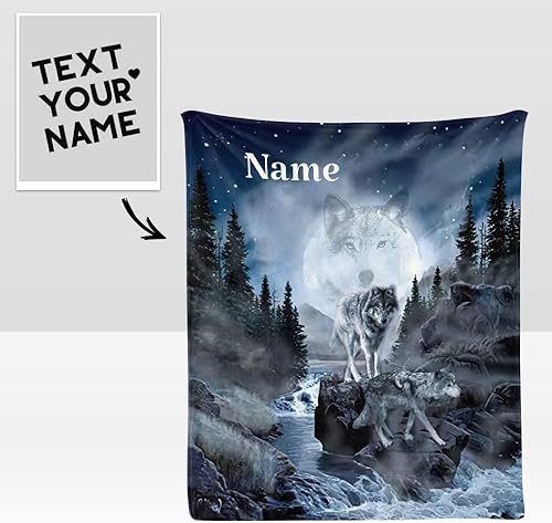 Miniatura 2 de Manta personalizada con nombre, texto, luna aullando lobo, manta de forro polar suave para regalos (50 x 60 pulgadas)