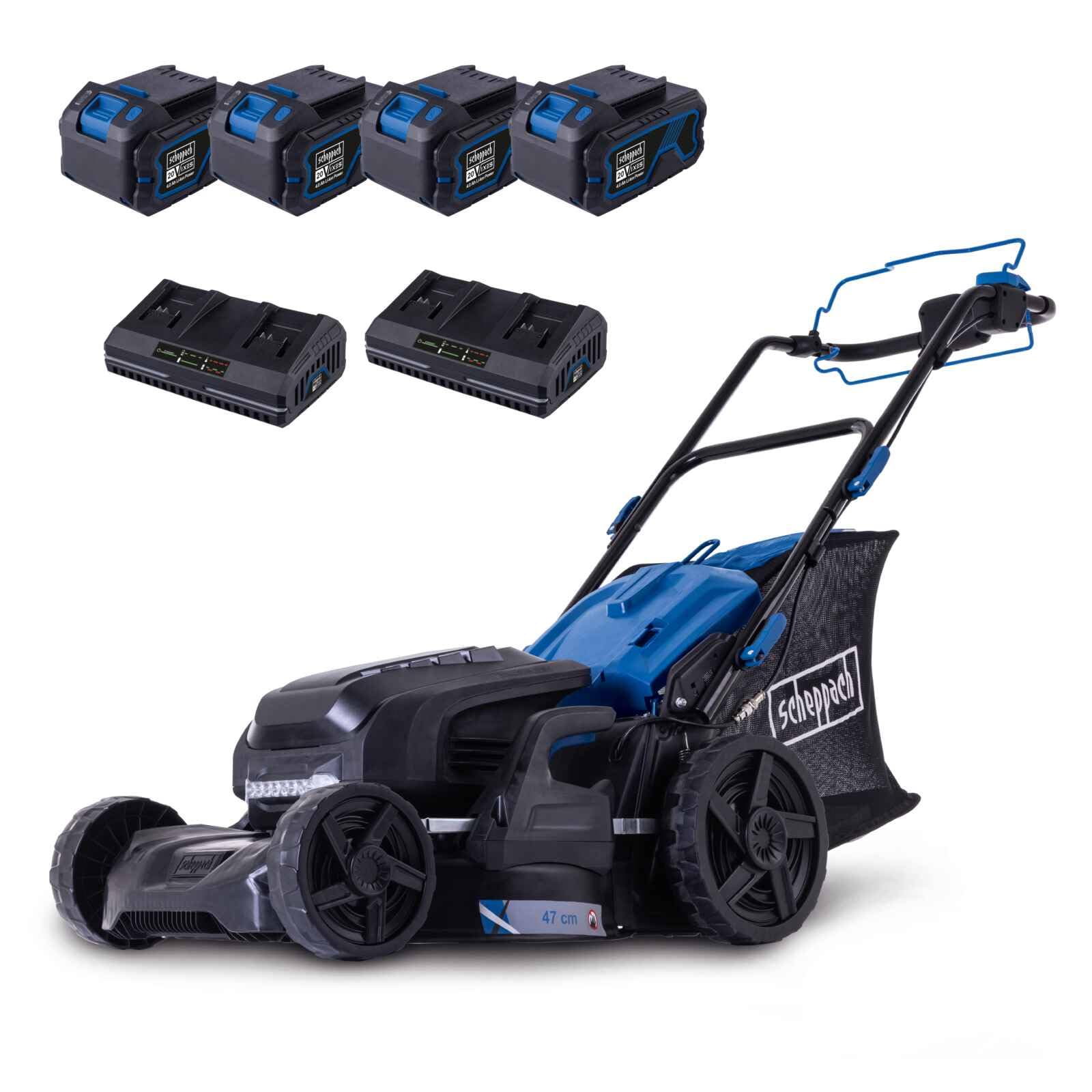 Scheppach Akku Rasenmäher BC-MP470-X mit Varioantrieb | Schnittbreite 47cm | Fläche bis 700m² | Seitenauswurf, Mulcheinsatz | 20V-IXES-Serie | 10 Jahre Garantie | mit 4X 4Ah Akku & 2X Doppelladegerät