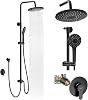 Hurran Shower System with 10 Inch Rain Shower Head and Handheld Sprayer, 3-Function Wall Mounted Bathroom Shower Faucet Set Height Adjustable Holder, Modern Shower Trim Kit Valve Included, Matte Black
