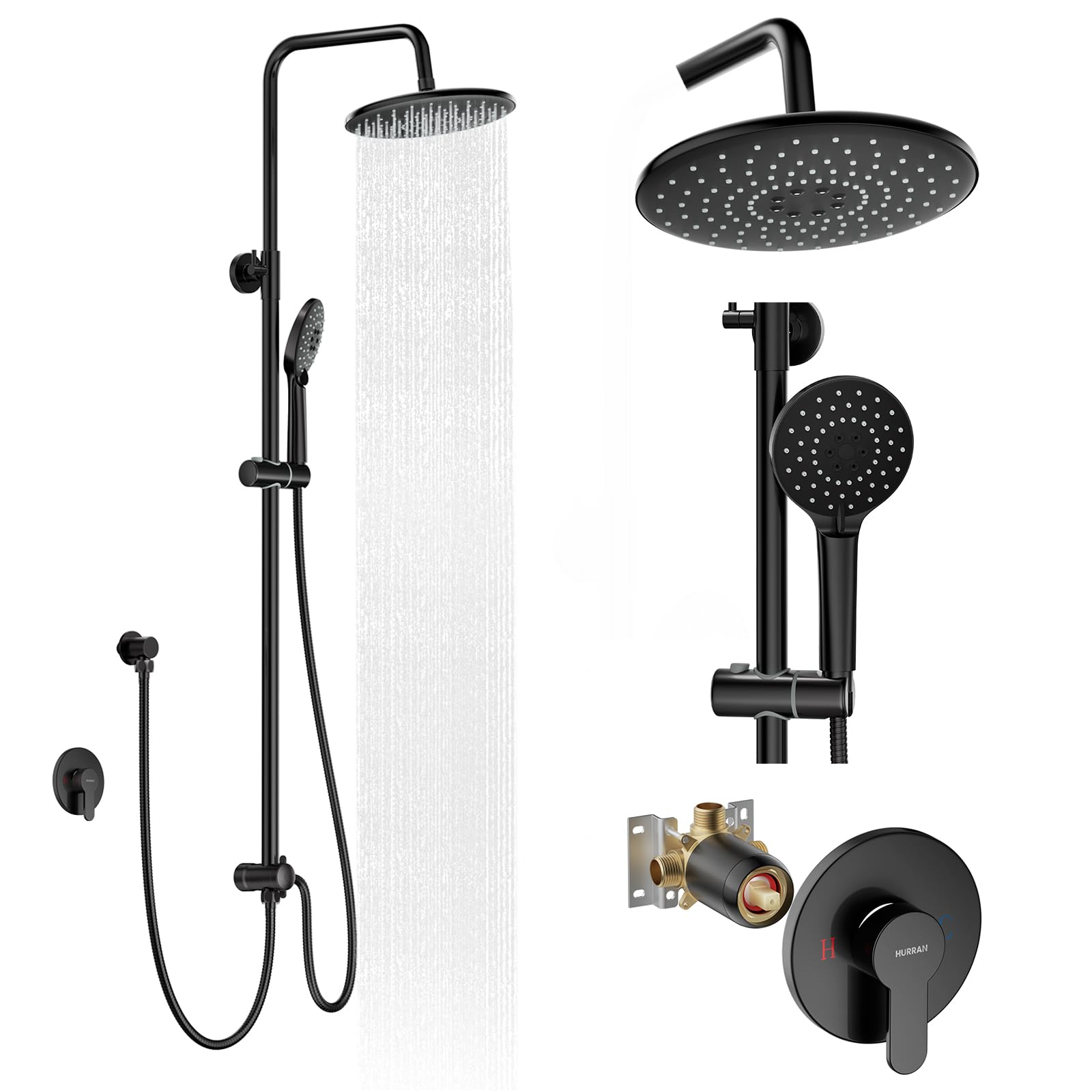 Shower System with 10 Inch Rain Shower Head and Handheld Sprayer, 3-Function Wall Mounted Bathroom Shower Faucet Set Height Adjustable Holder, Modern Shower Trim Kit Valve Included, Matte Black