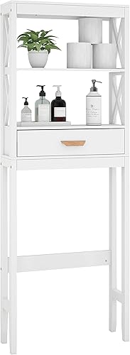 Miniatura 7 de Estante de baño sobre el inodoro con marco en X, organizador de baño con 1 cajón y estantes abiertos, ahorrador de espacio de baño (blanco)