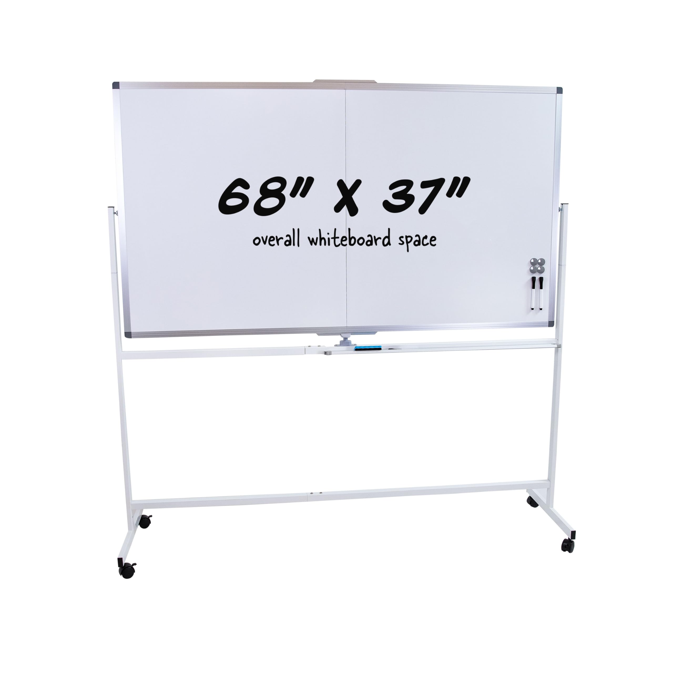 Sunnydaze Pizarra blanca magnética rodante, 172.7 x 94.0 cm, pizarra de borrado en seco de doble cara con ruedas para oficina, escuela o hogar