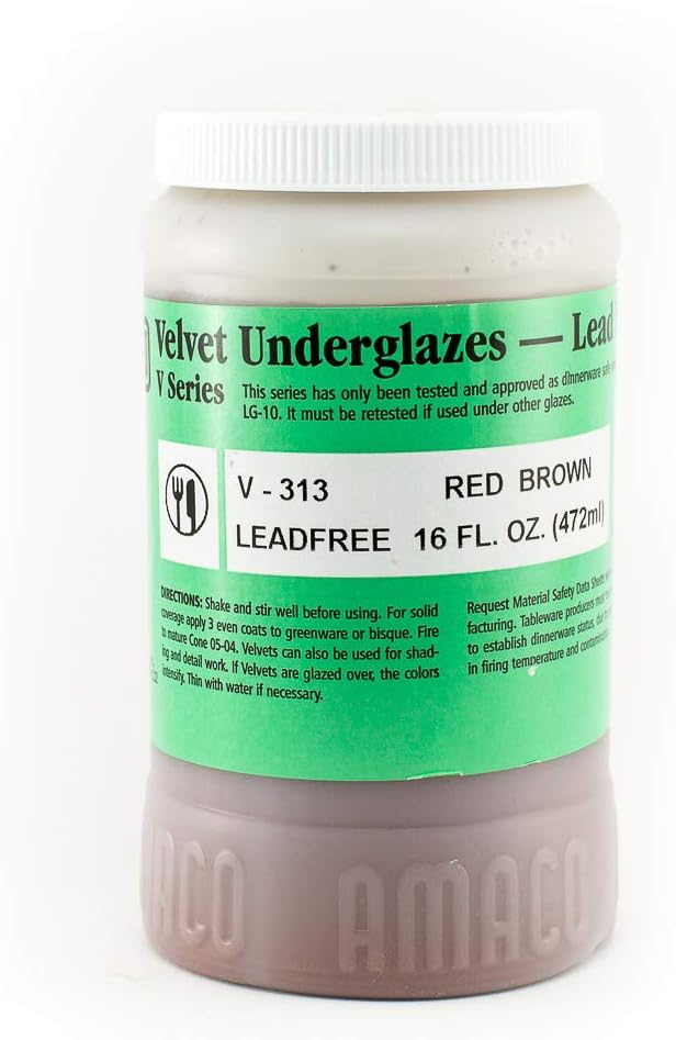 AMACO Velvet V-313 Red Brown Underglaze Pint, 16 oz. (473 mL), Cone 05-10 “V” Intermixable Underglaze for Bisque and Wet/Unfired Clay