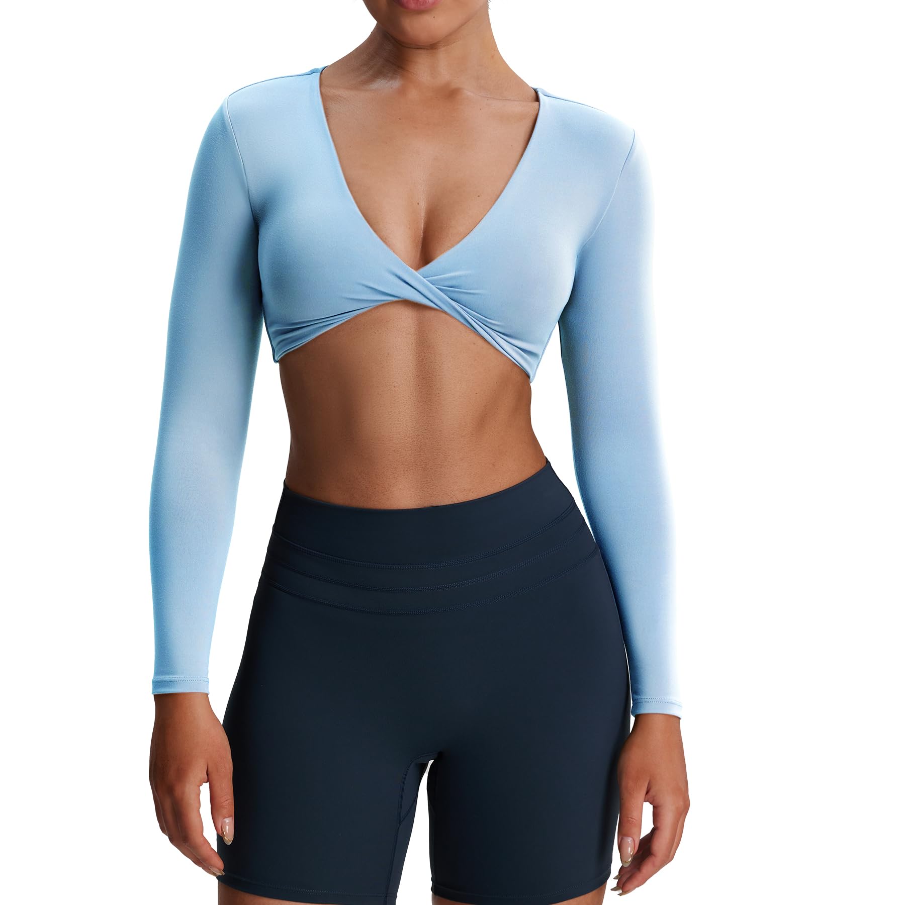 Aoxjox Long Sleeve Crop Tops for Women Metamorph Sienna Twist Deep V Workout Cropped T Shirt Top