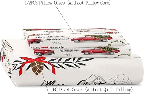 Miniatura 5 de LUVIVIHOME Juego de funda de edredón de 3 piezas, funda de edredón de Feliz Navidad, funda de edredón blanca, camión rojo, corona de árbol de