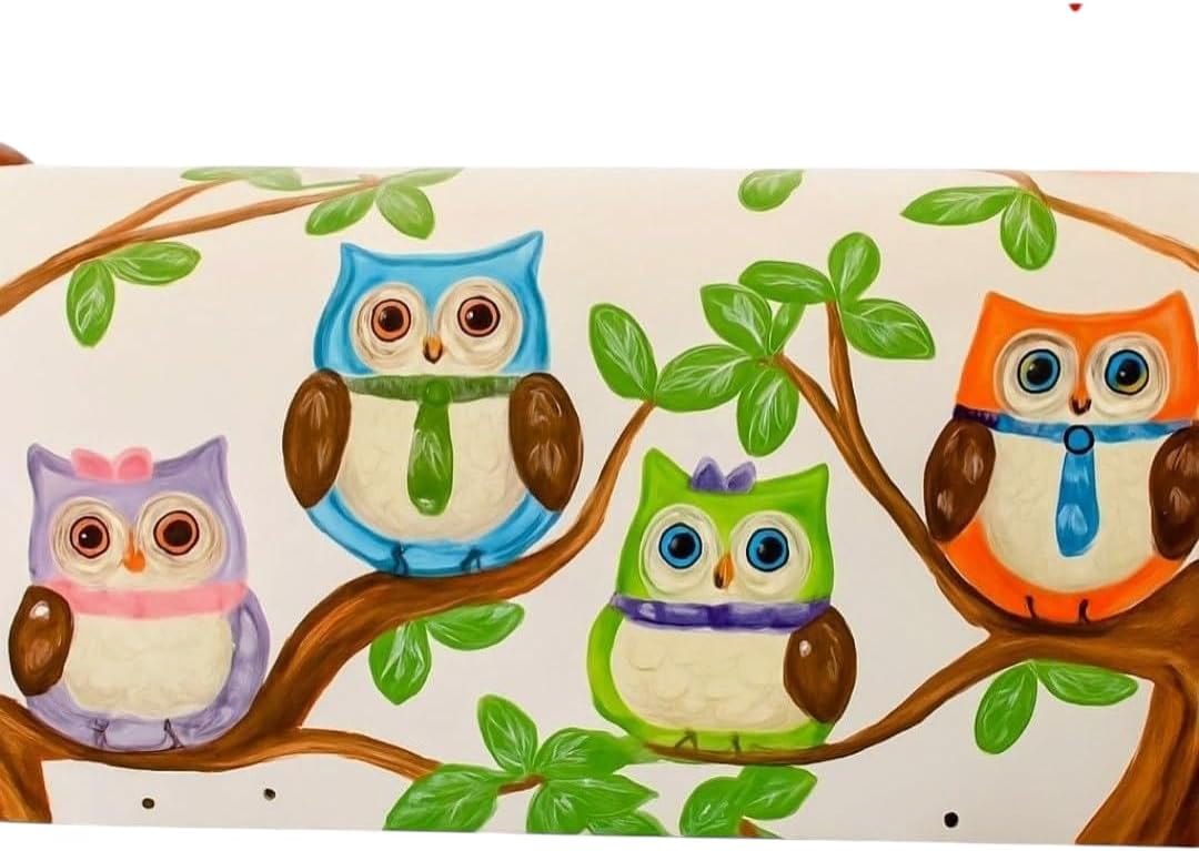 Hand painted standard metal mailbox in fun owls hanging out in a tree.