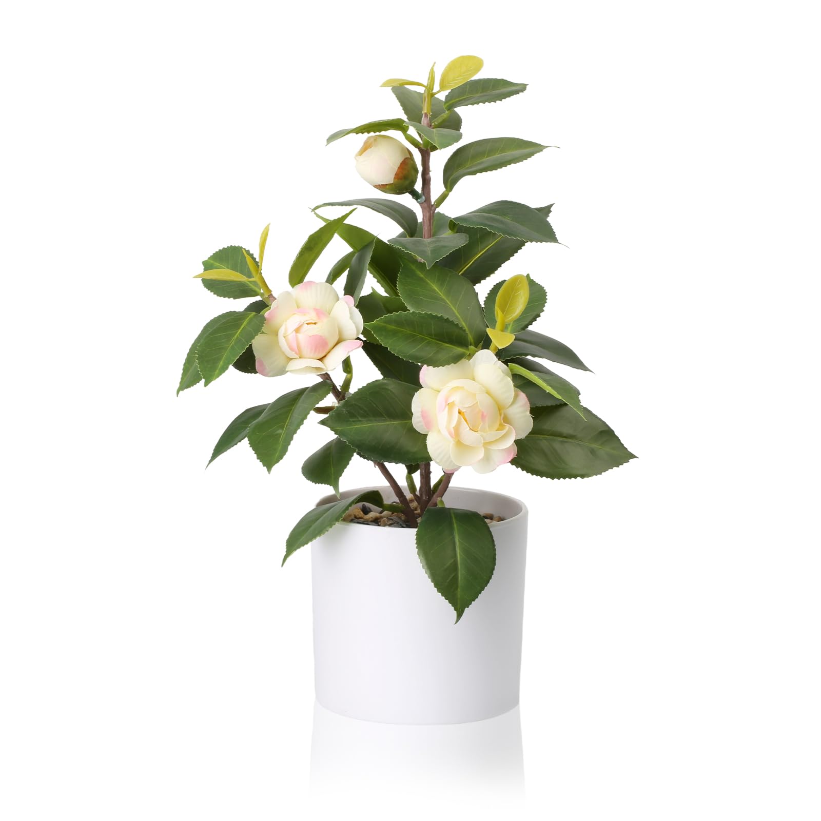 Artificial Plant in Pot 11" / 28cm Faux Camellia Flower Green Plants Fake Potted Small Bonsai Plants for Home Office Living Room Shelf Desk Decoration, Yellow