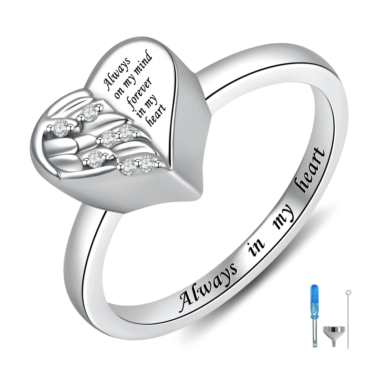 Heart Angel Wing Urn Ring for Ashes-925 Sterling Silver Holds Loved Ones Keepsake Rings Cremation Jewelry for Women Gift