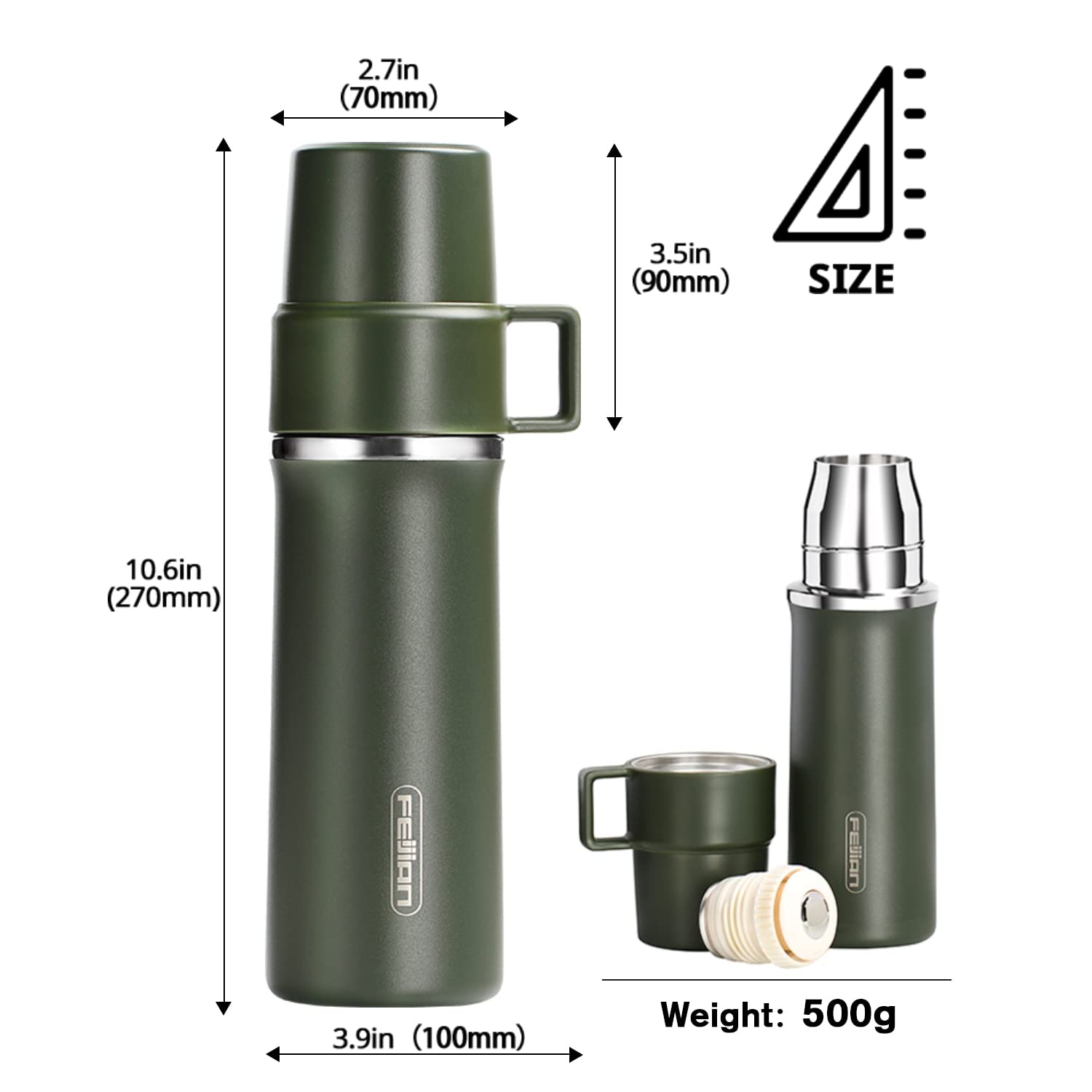 Taza Termo 600 ml de Viaje Frasco de vacío, Agua Termo Botella de café, incorporada Tapa de la Taza, Acero Inoxidable, Taza del té térmica, Deporte Bo Taza Termo Cafe(Green)