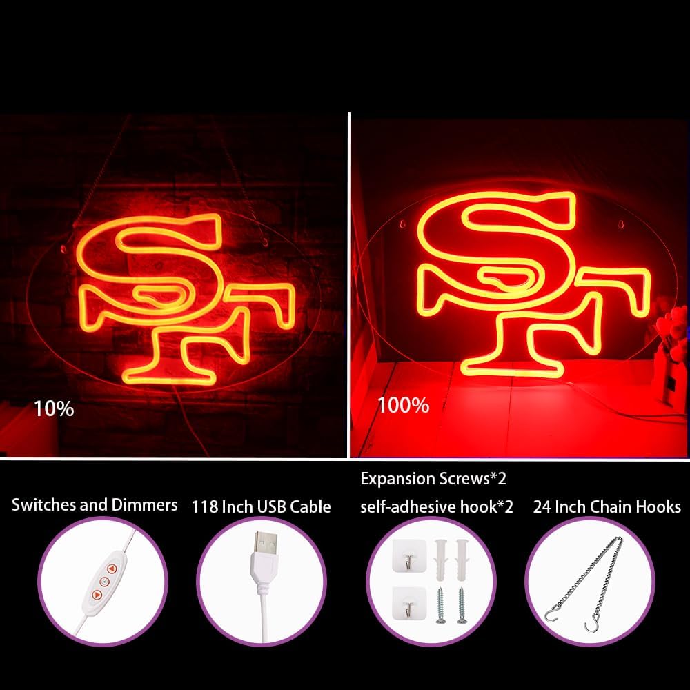 Sports Football Rugby Team Neon Sign Suitable for SF Logo for Wall Decor USB Powered Dimmable Led Light Up Signs for Bedroom Men Cave Home Bar Salon Decor Birthday Xmas Gifts for Fans
