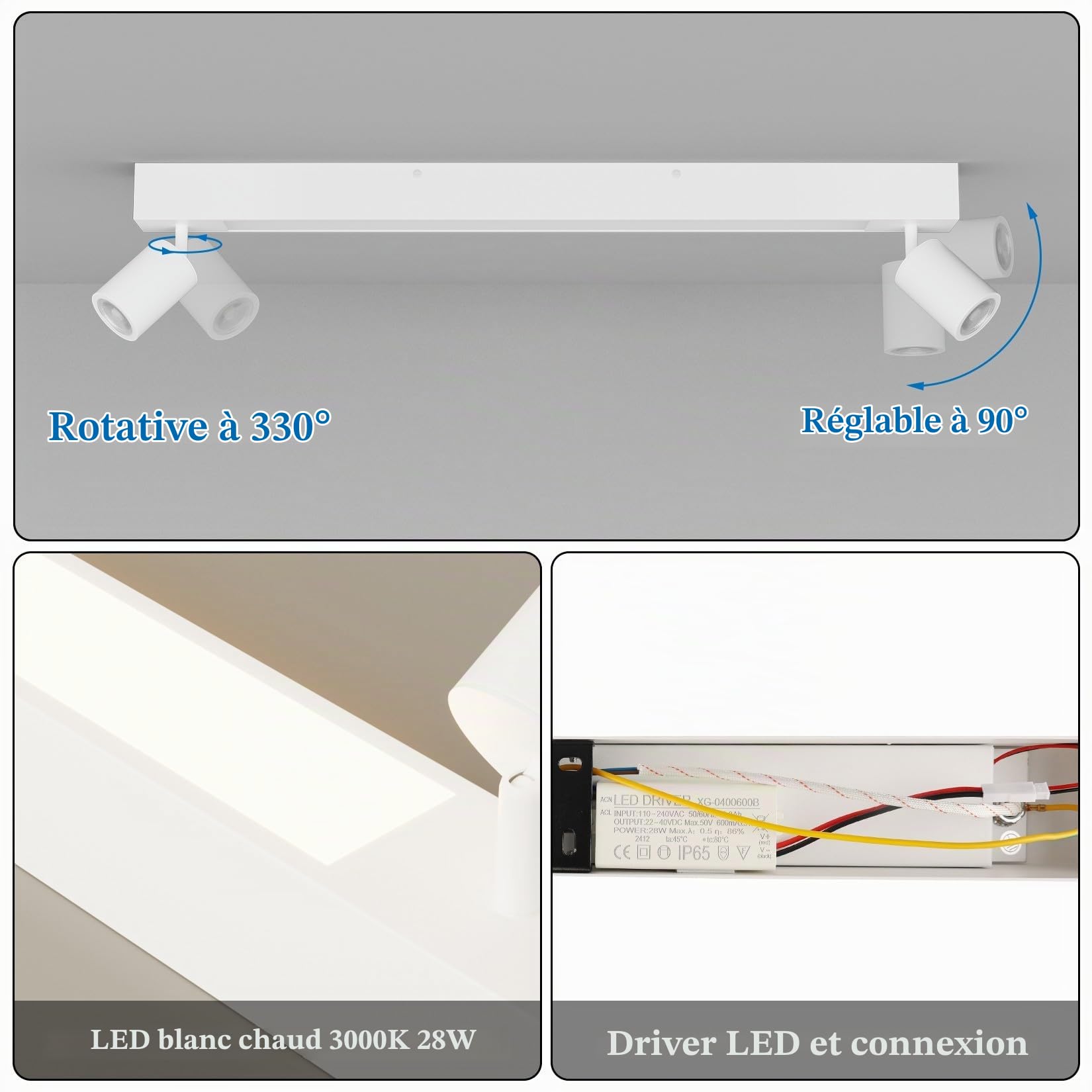 Klighten Spot Plafond Plafonnier 2 Spots Orientable, 28W 2070 Lumen LED + 2 Douille GU10, Luminaire Plafonnier Moderne pour Cuisine, Chambre, Salon, Couloir, Blanc, GU10 Ampoule non Incluse