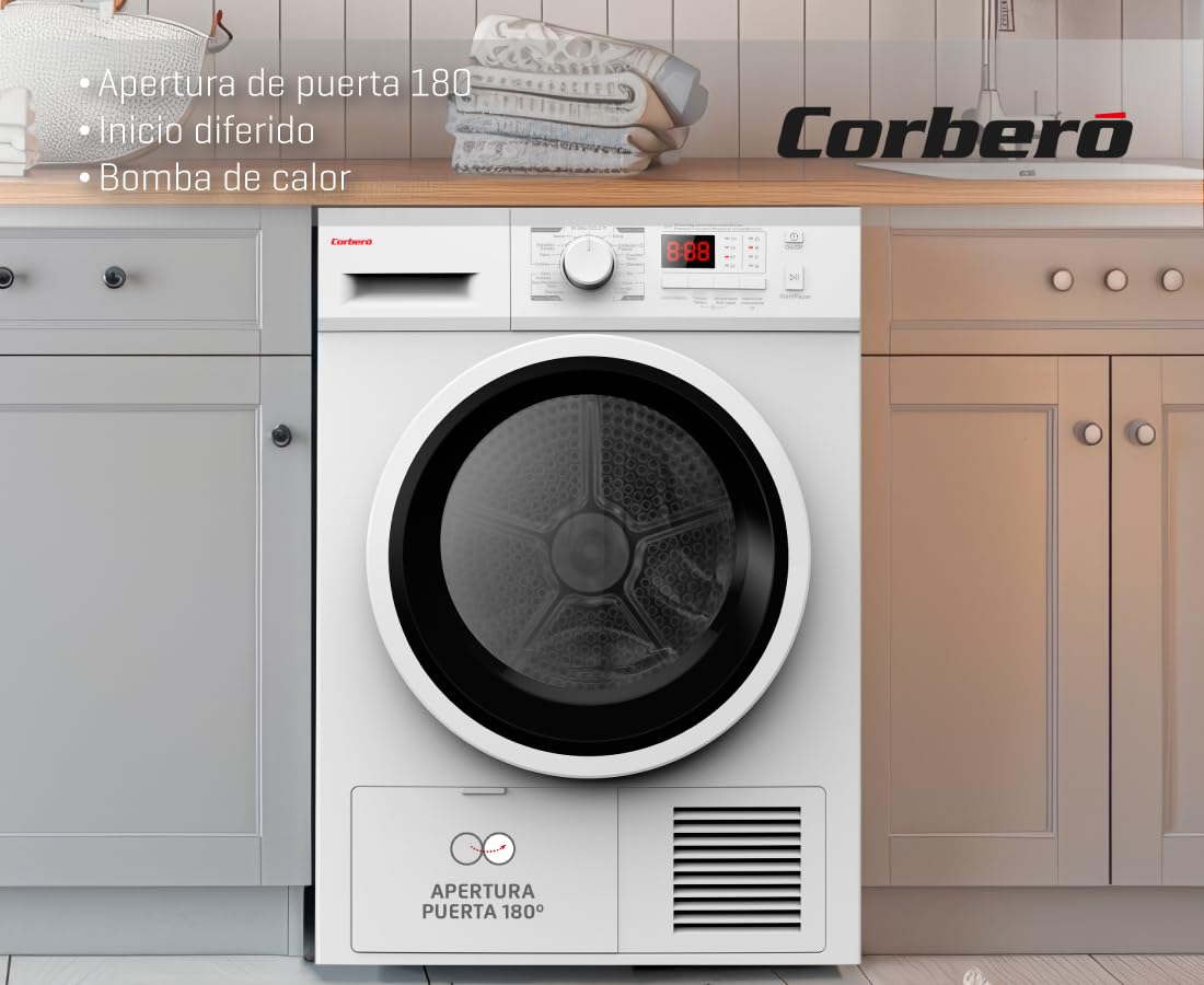Corberó - Secadora Carga Frontal 8 kg | CSCEM8084W | Condensación | Display LED | 16 Programas | Inicio Diferido | Inicio/Pausa y Antiarrugas | 69dB | E. energética B, Blanco