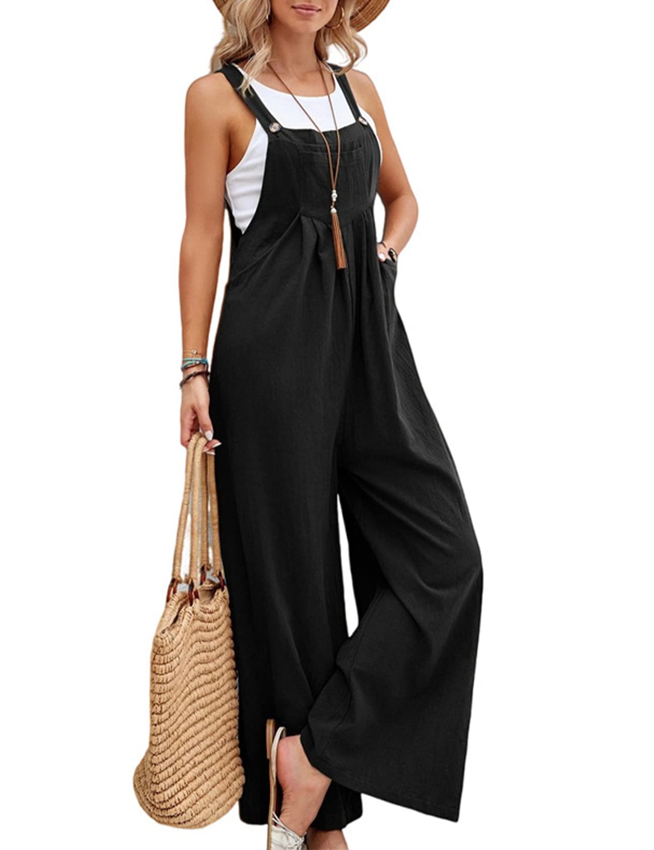 Rousytn Women's Baggy Overalls Adjustable Strap Cotton Rompers Casual Jumpsuit with Pockets(Black-L)