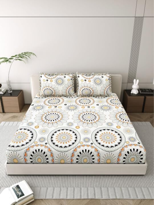 Image of King Size Fitted Bedsheet for Double Bed | 300 TC Cotton Feel Microfiber | All Around Elastic with 2 Frill Pillow Covers | Soft & Durable | (WhiteGolaFRILL, Fitted - 72 x 78 Inch King)