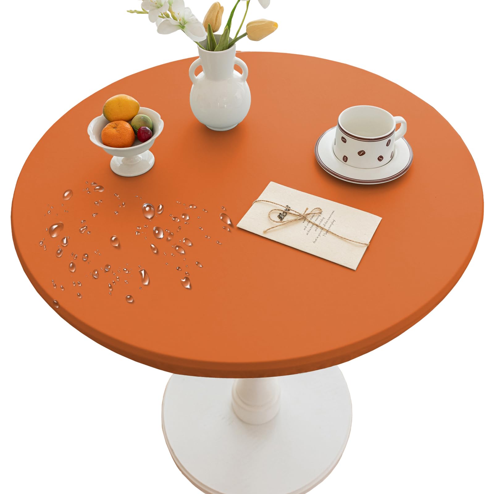 Thdsubb Round Tablecloth Leather Waterproof Tablecover Elastic Edged Fitted Table Protector Cover Wipeable for Home Picnic Party (Orange,80cm)