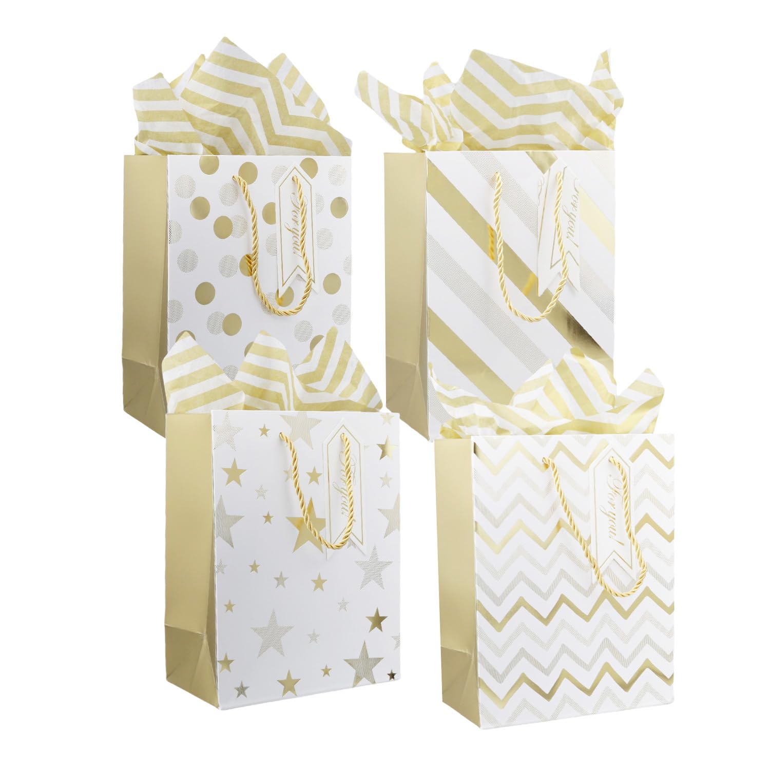 4 pcs 9" Gift Bags Medium Size with Tissue Paper White Gold Wrap Paper Gift Bags with Handles for Birthday Shopping Parties Wedding Holiday Presents (