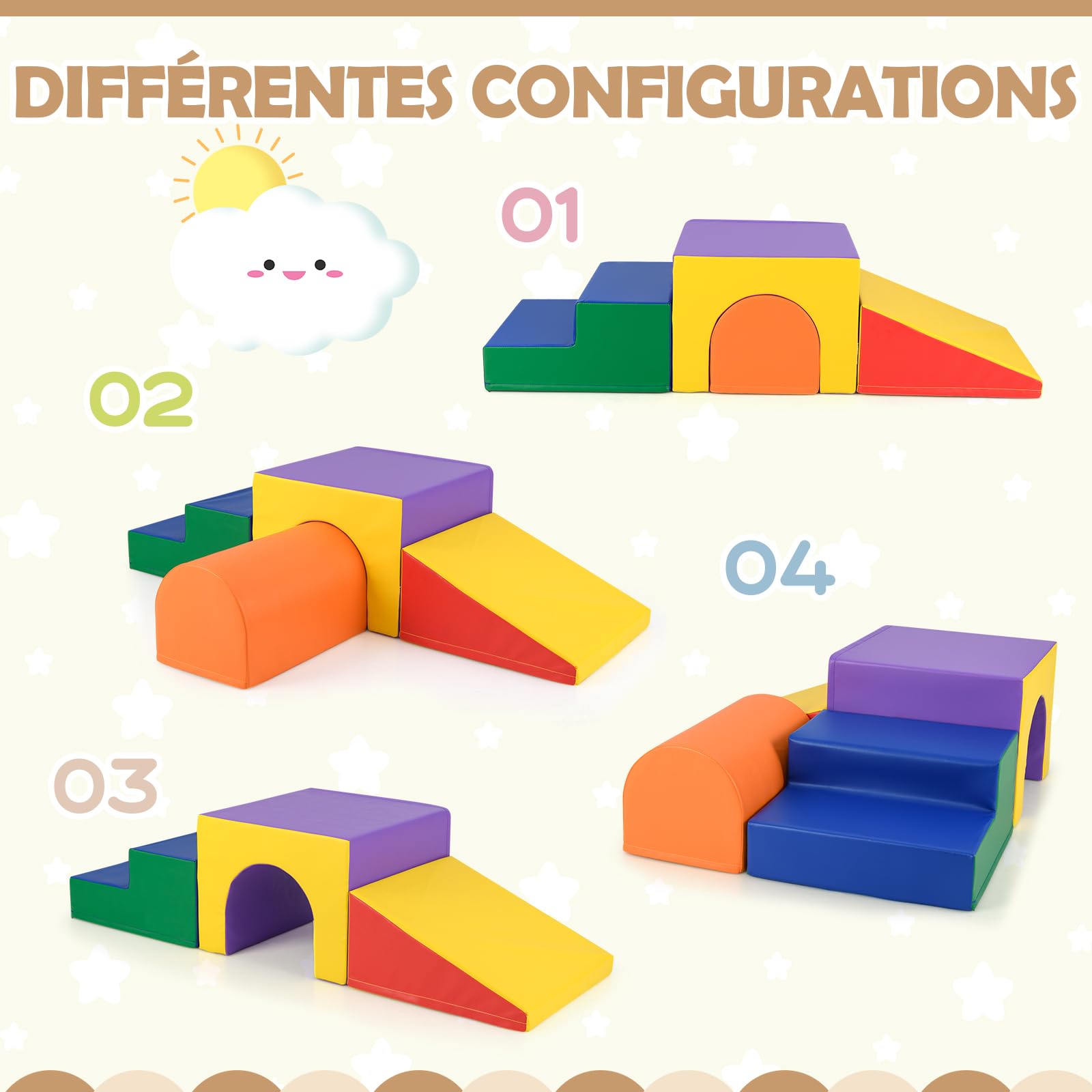GOPLUS 4 PCS Parcours Motricité Bébé, Module Motricité en Mousse, PU+EPE Haute Densité, Attaches Auto-Agrippantes, Jouets Montessori Convient pour 3 Ans+ (Bleu+Orange)