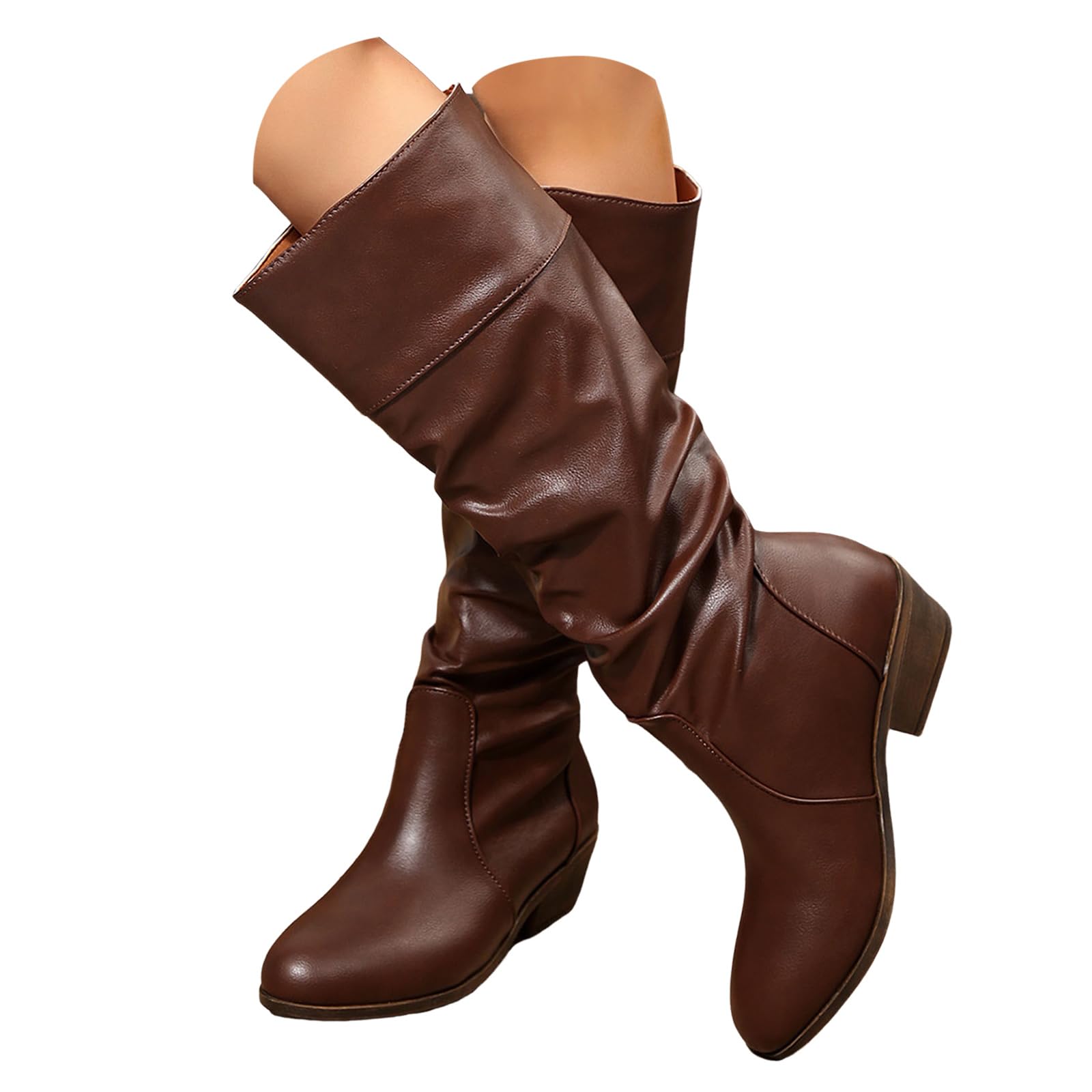 Womens Slouchy Knee High Boots Low Chunky Heel Pointed Toe Tall Boot Fall Winter Shoes Leather Ruched Long