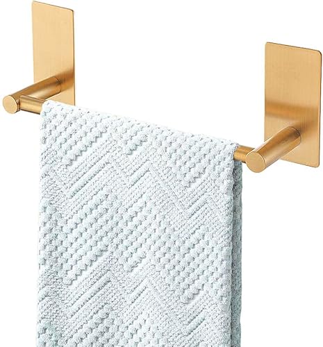 Songtec Toallero dorado de 9 pulgadas, toallero de baño adhesivo sin taladro, soporte de toalla de montaje de cinta de fuerte adhesión, acero