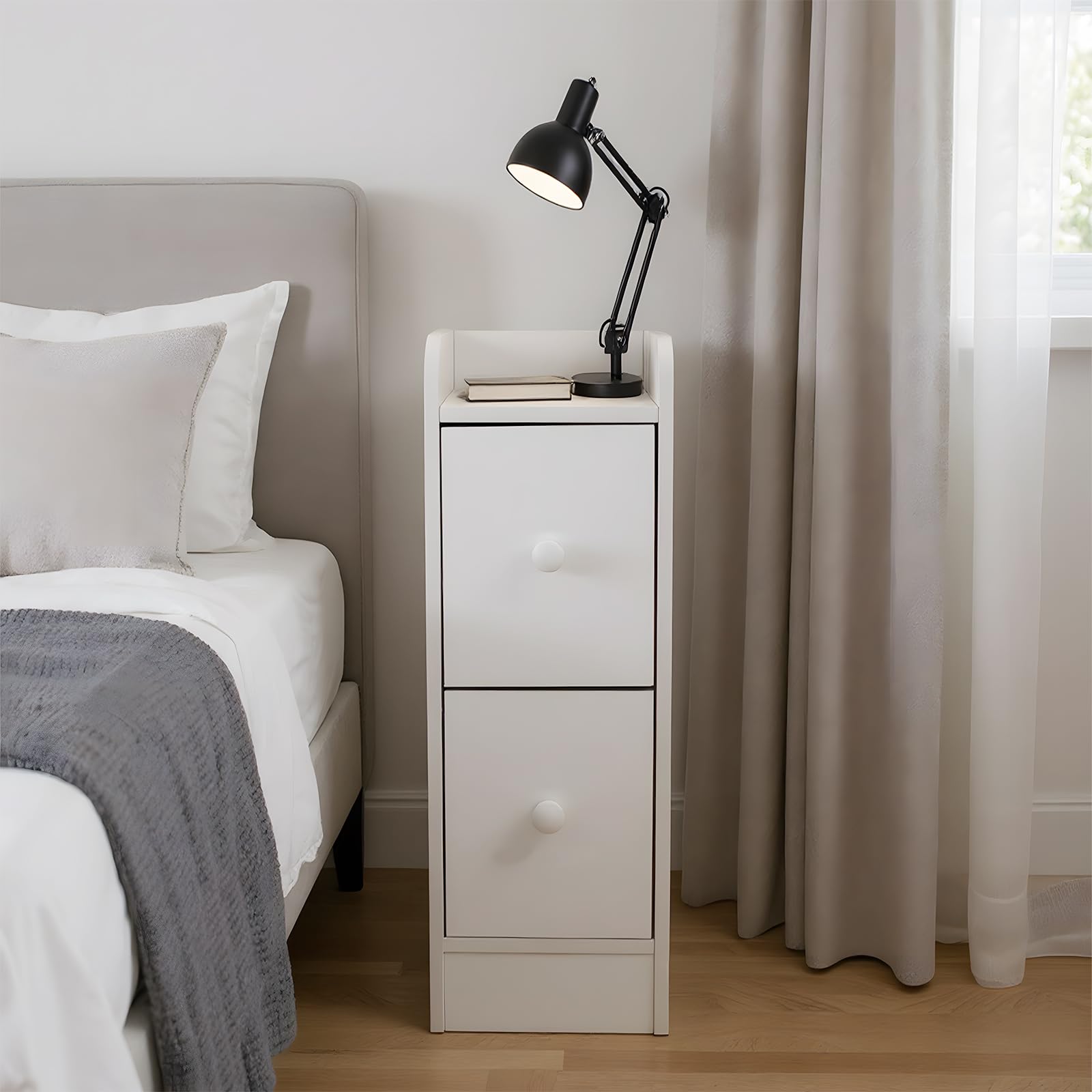 Comodino stretto Comodini piccolo Comodino con 2 cassetti per camera da letto, soggiorno Bianco