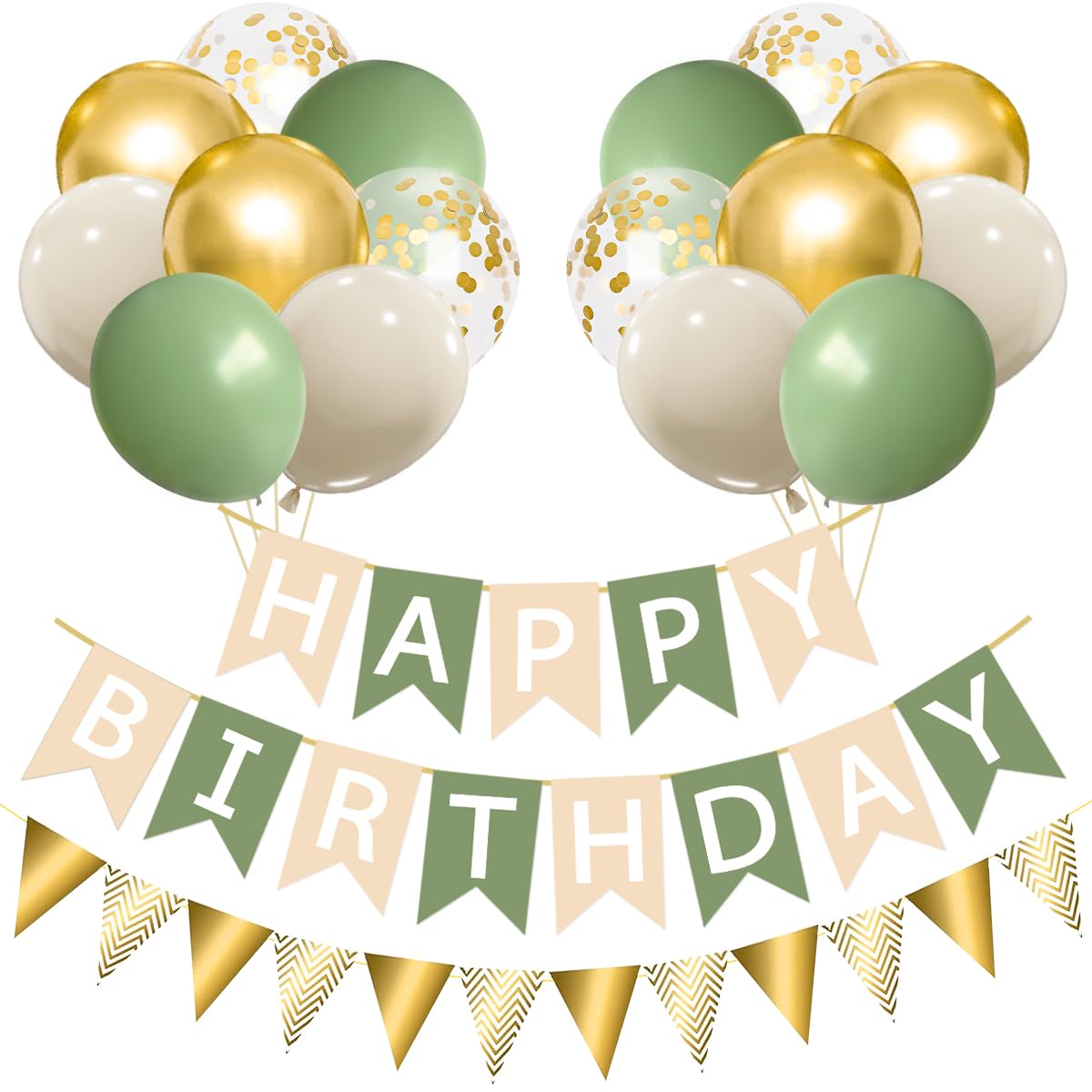 Happy Birthday Banner and Bunting, Green Happy Birthday Decorations, 16pcs 12 inch Sage Green Sand White Gold Balloons Helium Balloon with Ribbon for Men Women Girls Boys Birthday Party Decorations