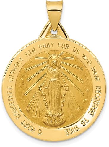 Diamond2Deal Colgante de medalla milagrosa de oro amarillo pulido y satinado de 14 k para mujer (L- 1.339 in W- 0.984 in), Oro amarillo