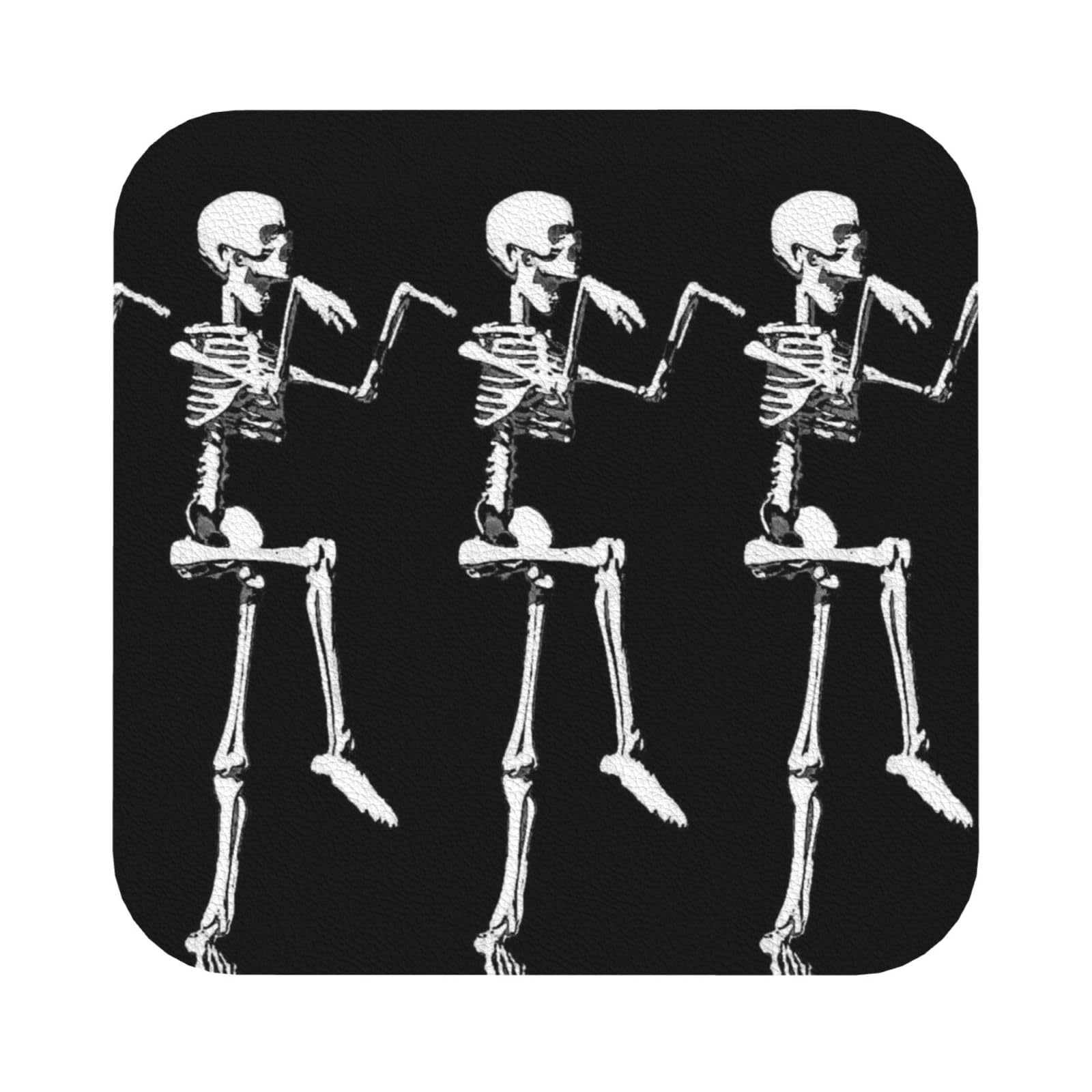 Halloween Posable Skeleton Skull PU Leather Coasters Set of 6 Square Drink Coasters