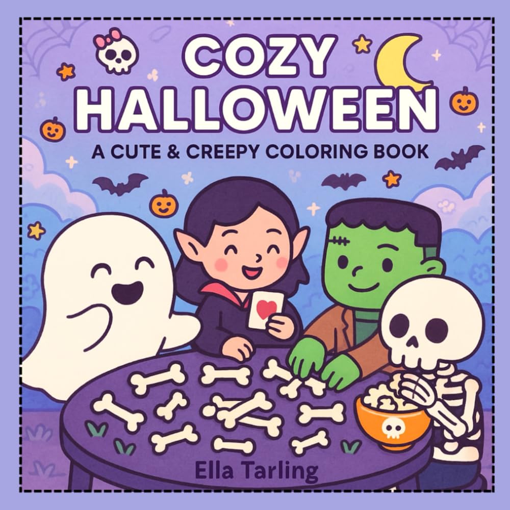 Cozy Halloween – A Cute & Creepy Coloring Book for Kids & Adults: 30 Bold & Easy Pages Featuring Ghosts, Vampires, Skeletons, and Fun Autumn Scenes
