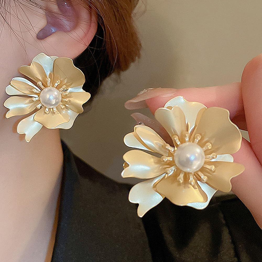 Dainty 14K Gold Big Flower Stud Earrings for Women,Exaggerate Vintage Pearl Floral Drop Dangle Earrings,Striking Prom Wedding Jewelry Gifts for Bride - Image 7