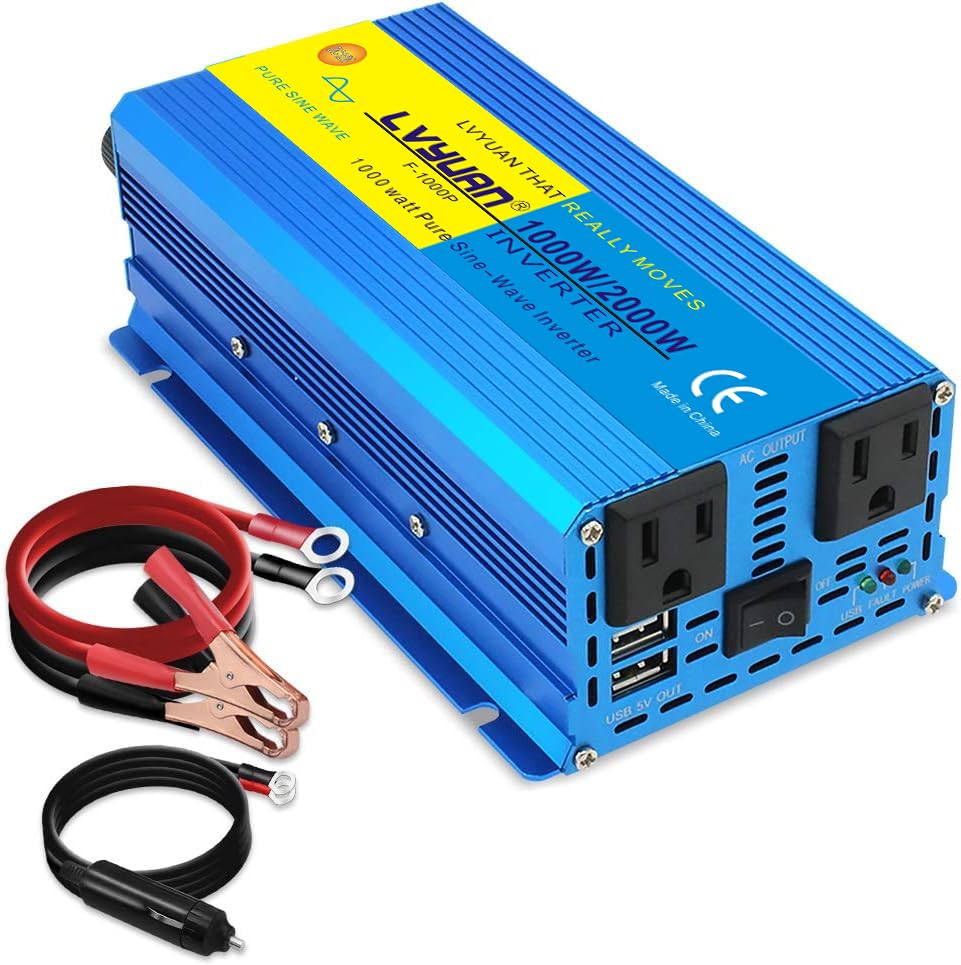 LVYUAN 1000 Watt Pure Sine Wave Inverter 24V to 110V / 120V DC to AC with U.S. Outlet, USB Charger Ports, Car Power Inverter for Vehicles, RV, Outdoor, Home