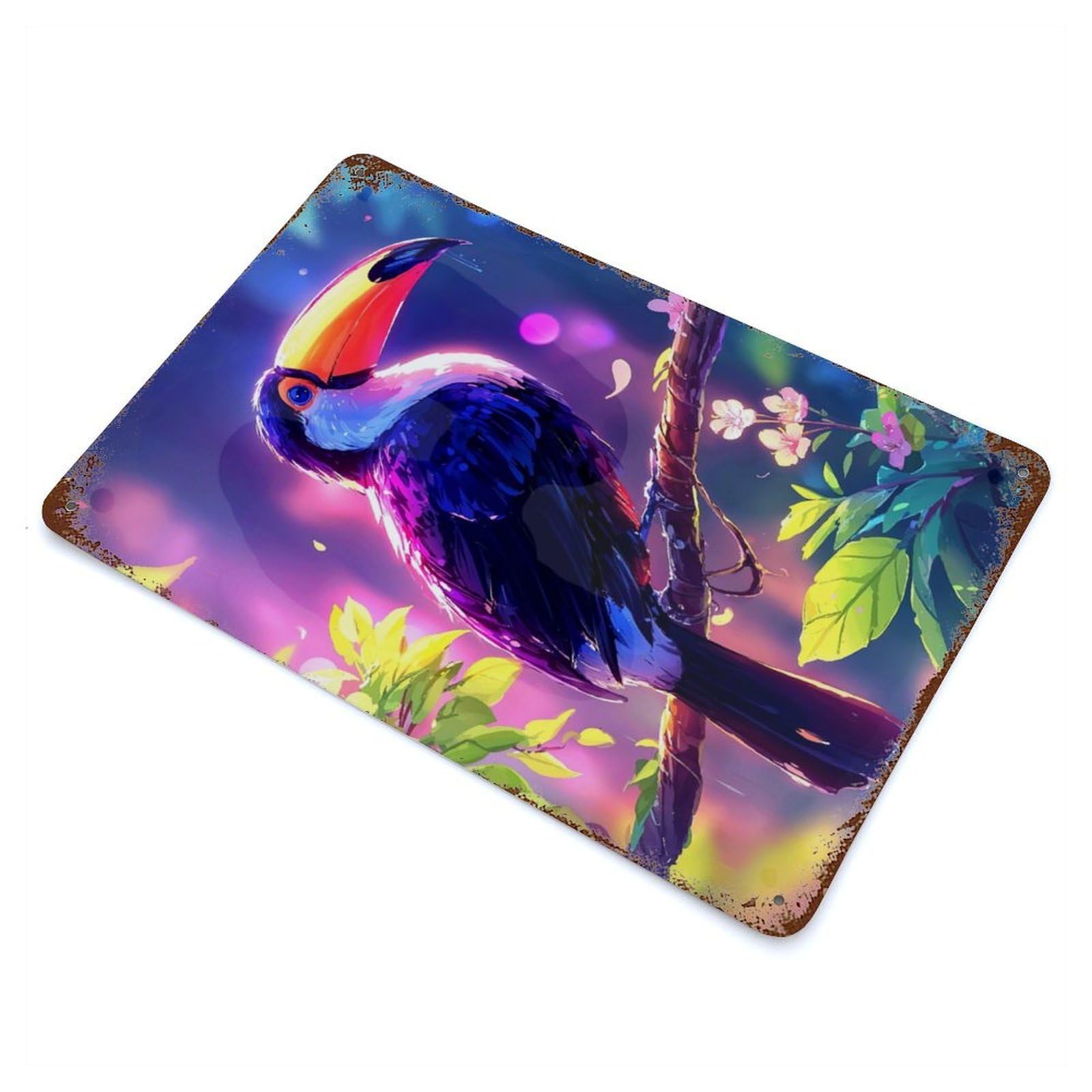 Aged Metal Wall Plaque with Colorful Toucan on Branch Design 11.8"x7.9", for Basement, Hobby Room And Garage Decor, Classic Wall Plaque