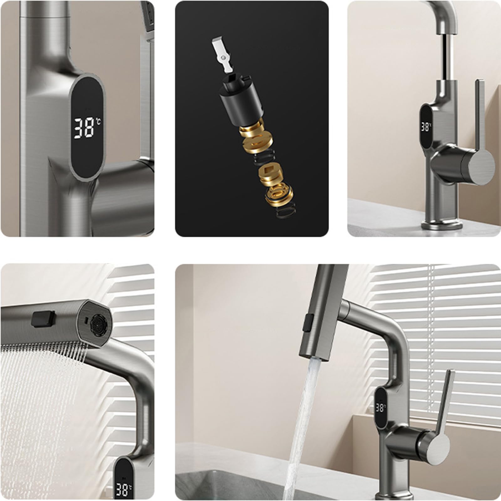 Generico Rubinetto da Bagno Rubinetto per Lavabo Cascata Estraibile Monocomando con Display Digitale Sollevabile Bianco